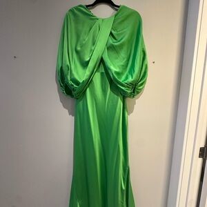 Green drape blouson sleeve satin midi dress